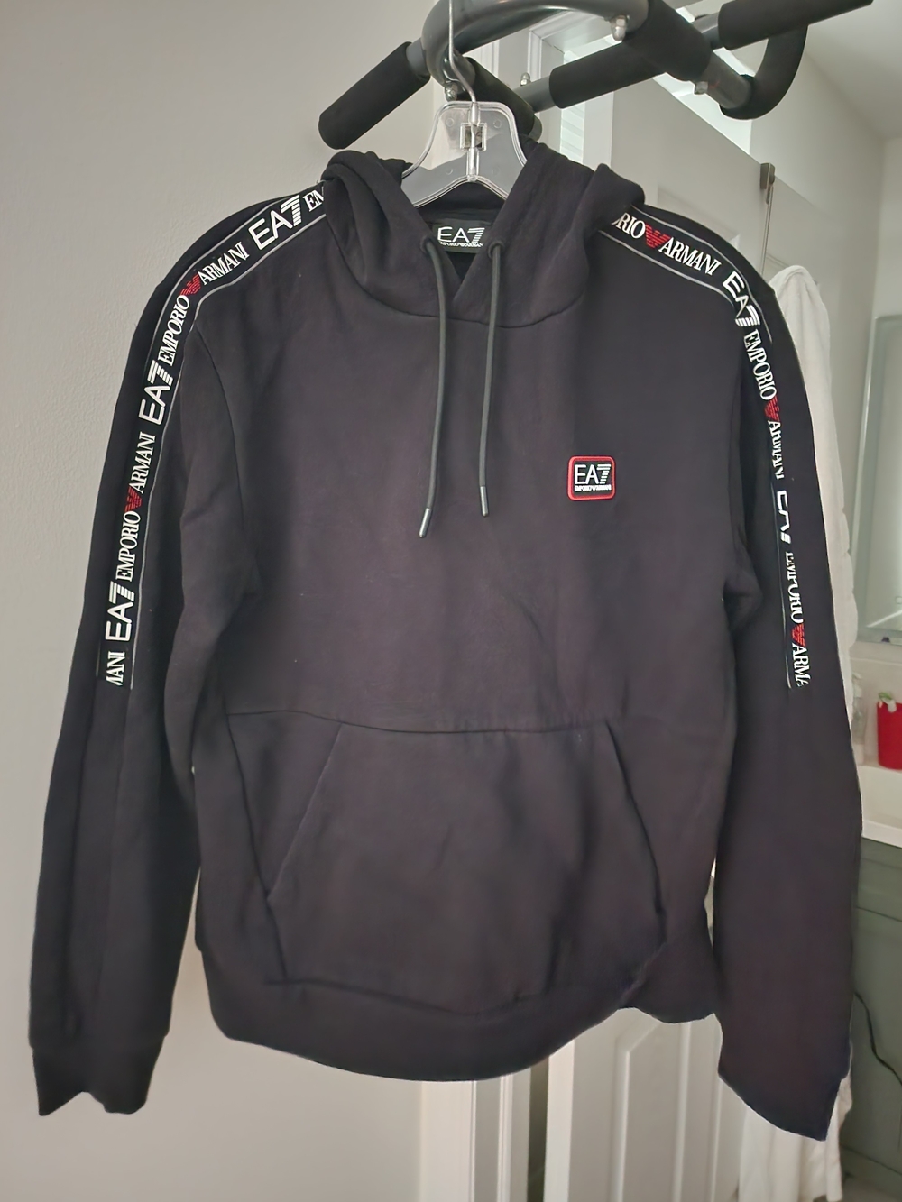 Emporio Armani EA7 Black Hooded Sweatshirt with Logo Taping. S-M